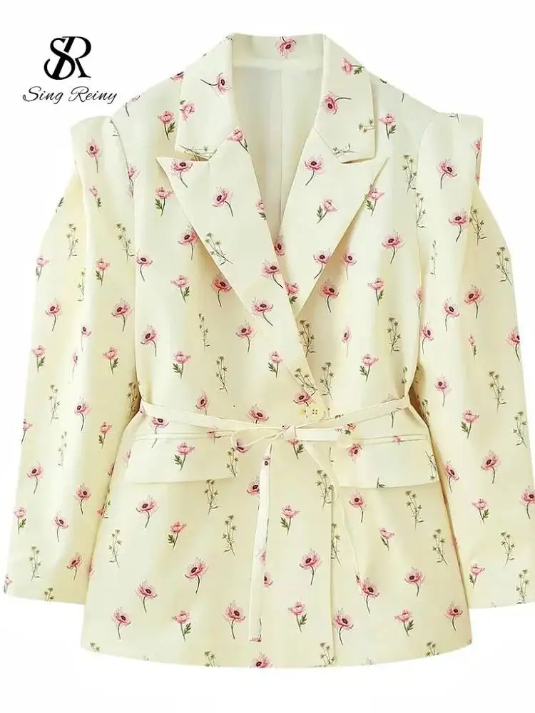 Chic Oversize Floral Printed Jacket Women Padded Lapel Lace Up Loose Outwears Autumn Long Sleeves OL Casual Blazer
