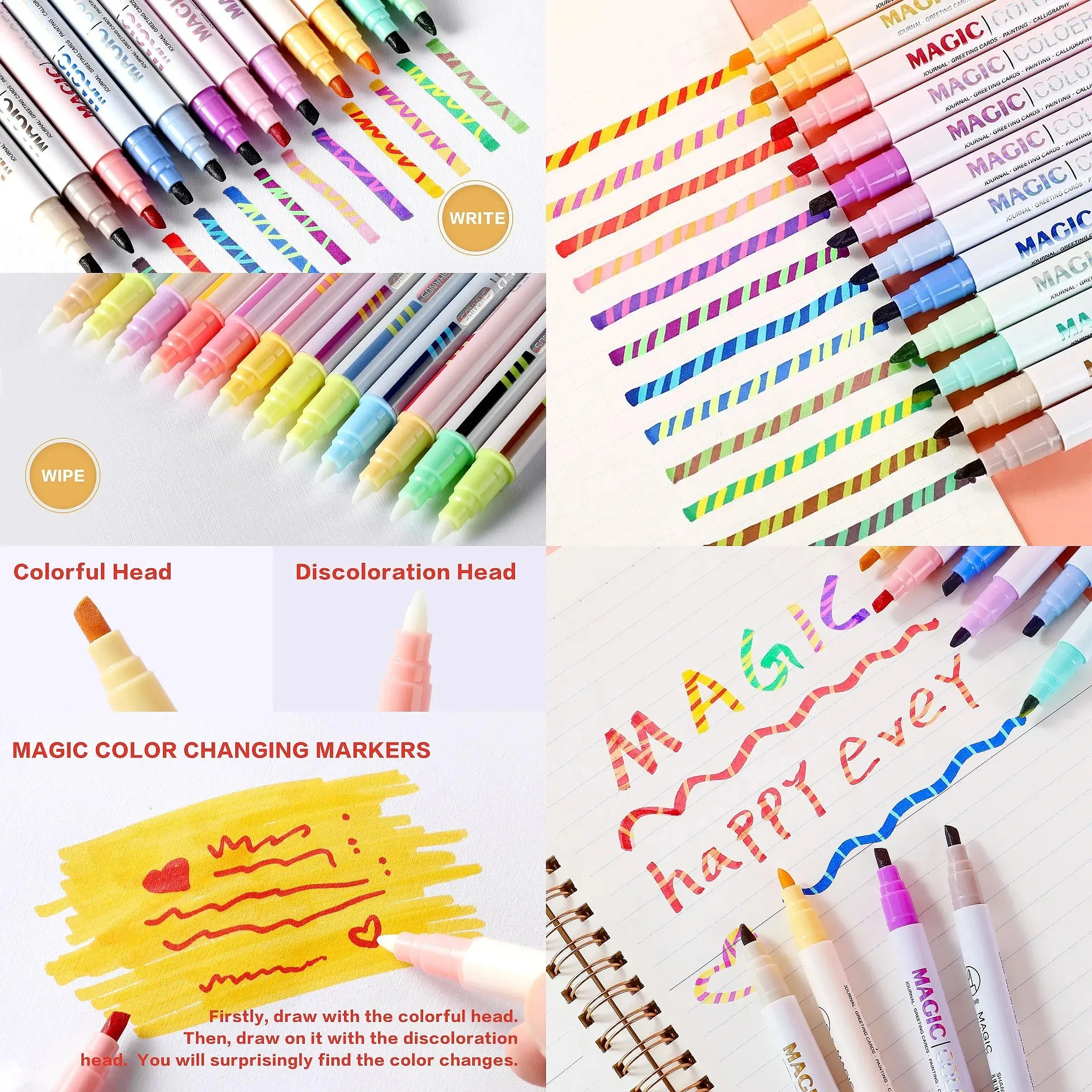 12pcs Double-ended Color Changing Highlighter Pen Set for Student Diary Scrapbook Painting DIY Making Classroom Office Supply