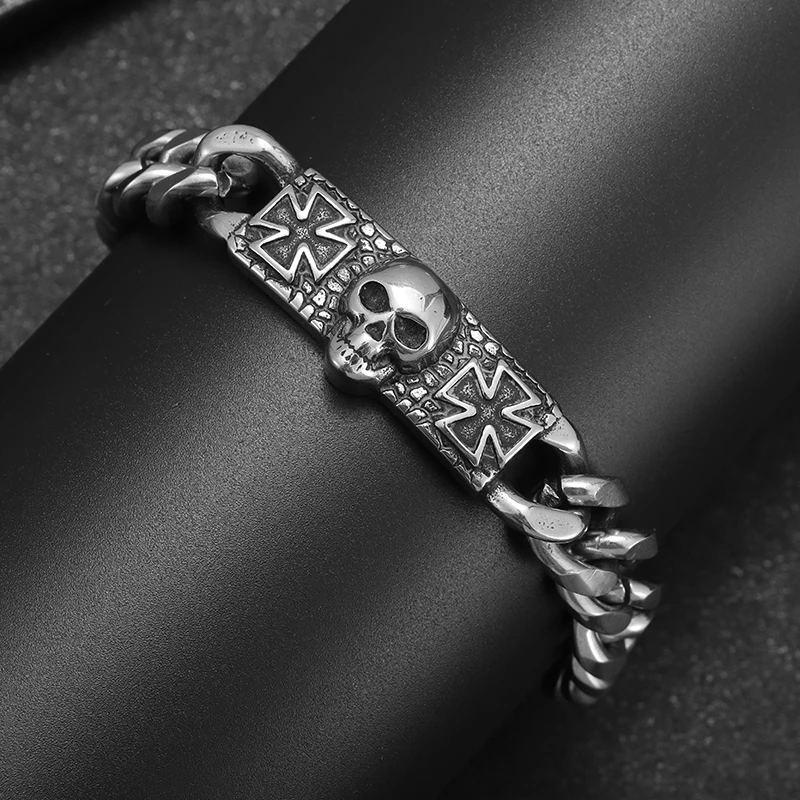 Stainless Steel Gothic Cross Medal Ghost Head Skull Devil Bracelet Men's Punk Motorcycle Biker Rock Party Jewelry