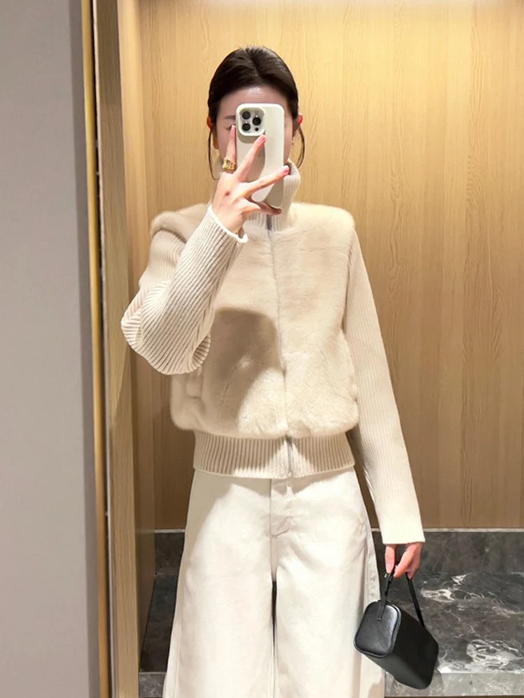 

Zipper Cardigan Premium High Collar Knitted Splicing Mink Fur Jacket Women's Design Unique Top Autumn Winter Commute Solid Coat