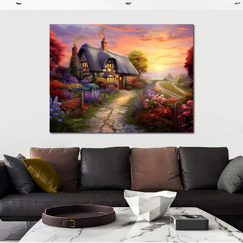 Thatched Cottage Canvas Prints Large Wall Art Modern Village Landscape Poster Colorful Picture Dining Room Kitchen Decor Framed