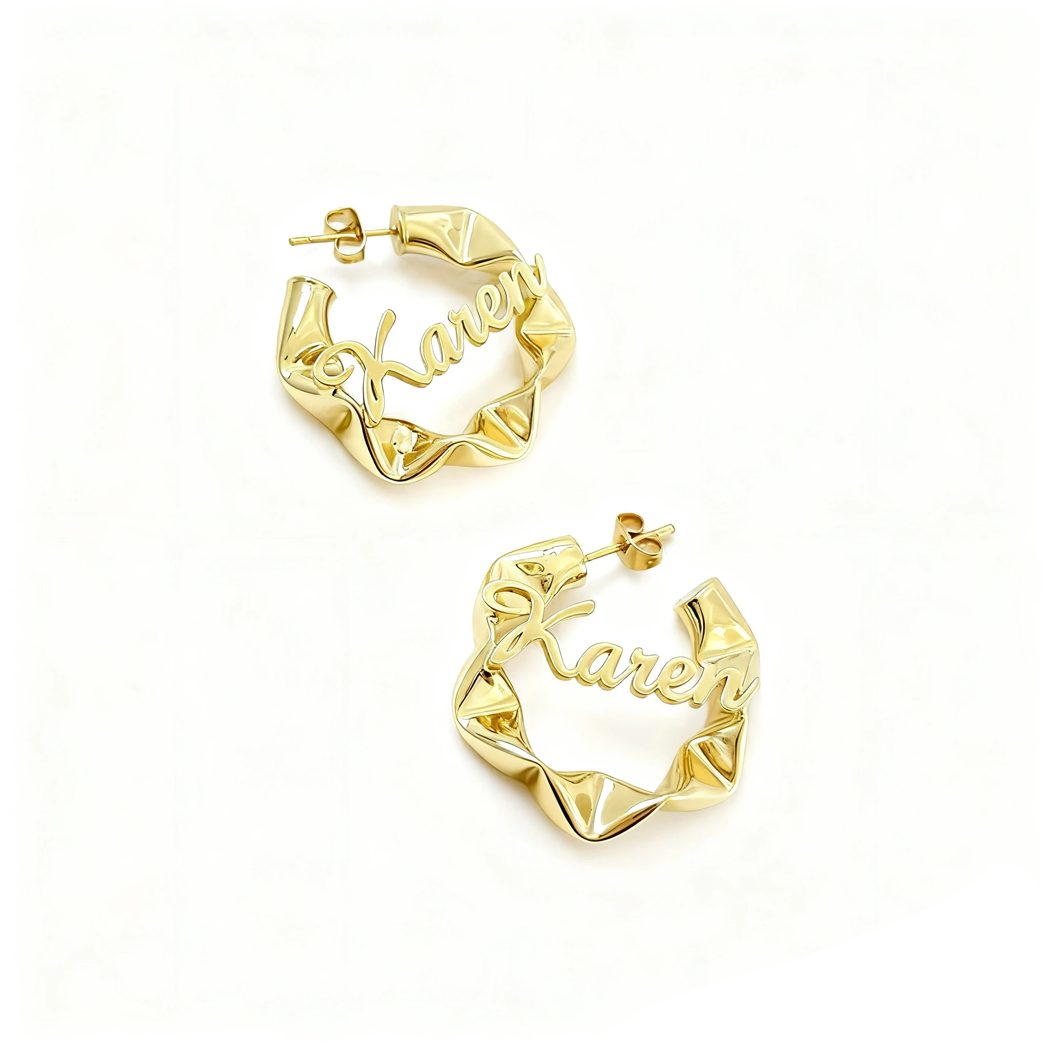 أقراط دائرية مخصصة باسم ذهبي - تصميم مخصص باسم "كارين"، شكل هندسي فريد، مجوهرات بيان للنساء #1