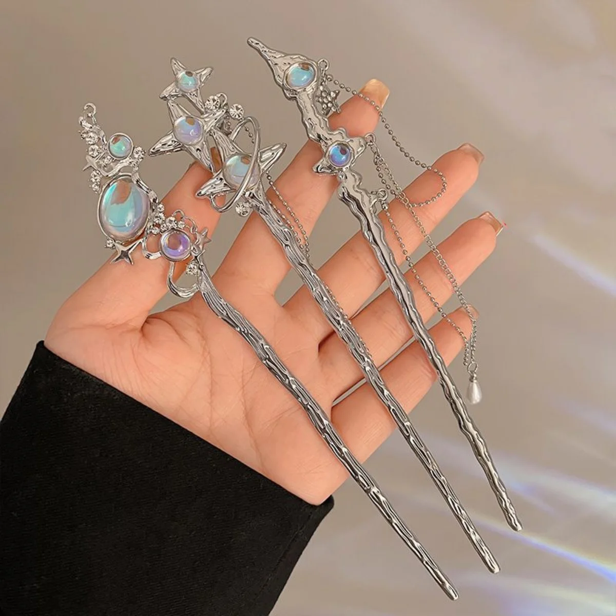 Light Luxury Glitter Hairpin For Women Geometric Irregular Moonstone Hair Stick Elegant Star Flower Jewelry Hair Accessories image 4