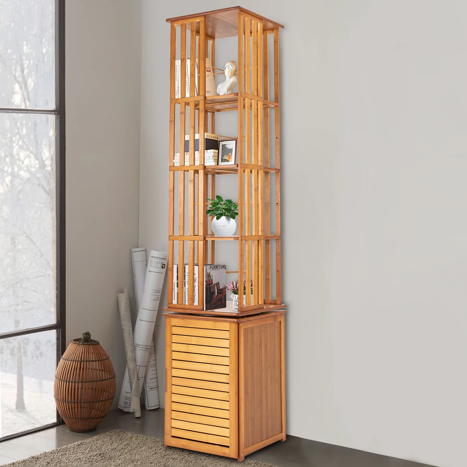 6-Tier Corner Bamboo Book Shelf Waterproof 360° Rotating Storage Display Rack Floor Standing Bookcase Shutter Door Design for Living Room Study Room Office,37*37*172cm image 4