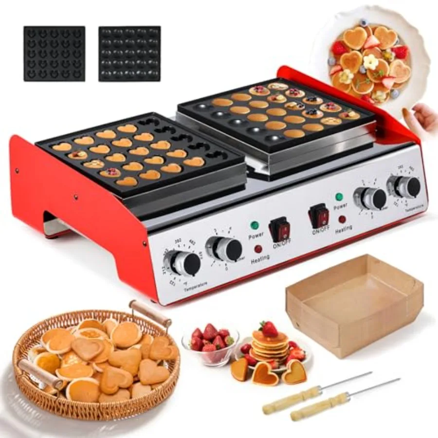 

Detachable 50PCS Mini Heart Pancake Maker for Desserts: Stainless Steel, Red, Non-Stick Surface with 50-300 Temp 0-5 Time Contr