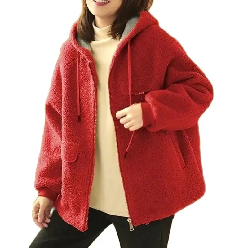 

2022 Autumn Winter New Add Thick Leisure Jacket Female Loose Hoodie Imitation Lamb Wool Overcoat Skin Hair One Body Top Ladies