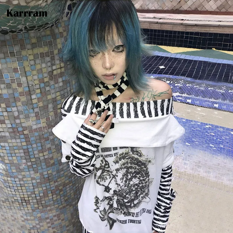 Karrram Japanese Y2k Off Shoulder Tops Trashy 2000s Style Tattoo Print Long T-shirt Vintage Harajuku Fake Two-piece Tops Grunge