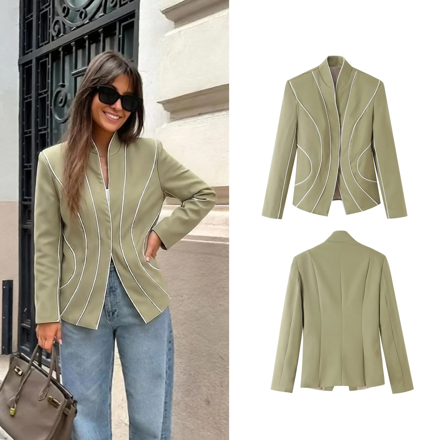 Women Elegant Green Short Blazer Jacket Autumn Slim Fit Striped Long Sleeve Waist Cinched Buckle Design Office Commuter Outerwea