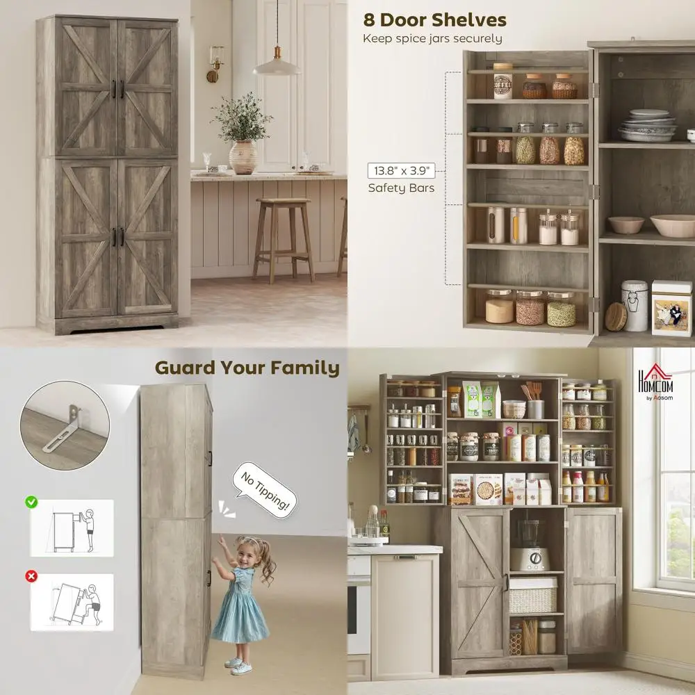 

Gray Wash 72 Tall Kitchen Pantry Cabinet with 4 Barn Doors, 4 Adjustable Shelves, and 8 Door Shelves