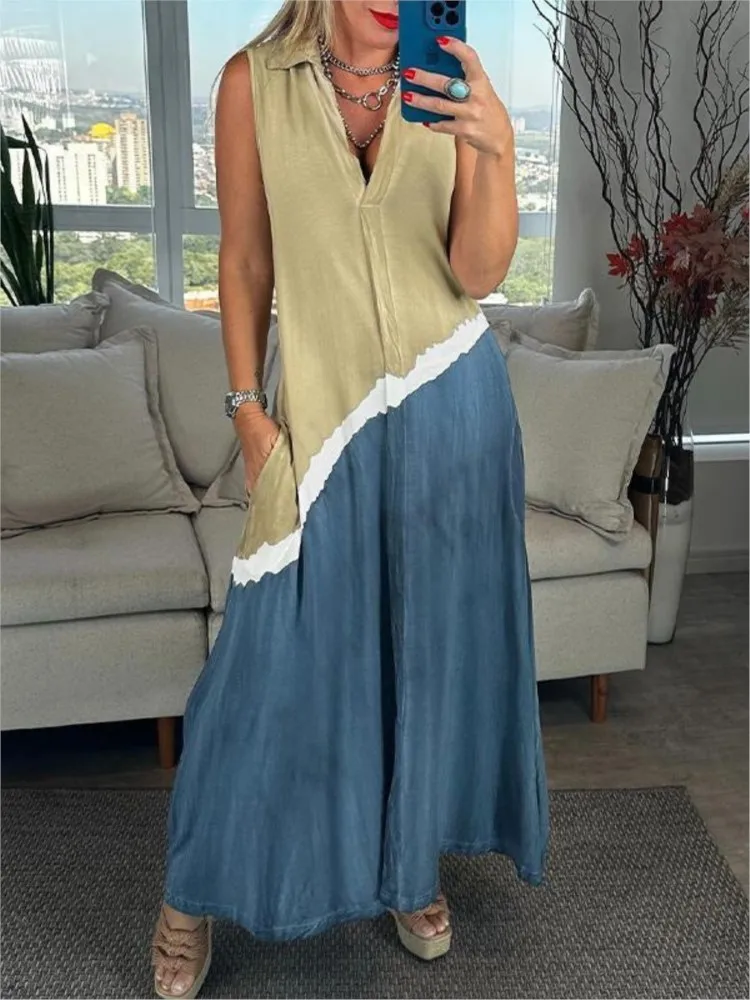

Fashion Casual Contrast Color Prints Dress Sexy Deep V-neck Sleeveless Loose Pocket Long Dress Elegant Women's Bohemian Dresses