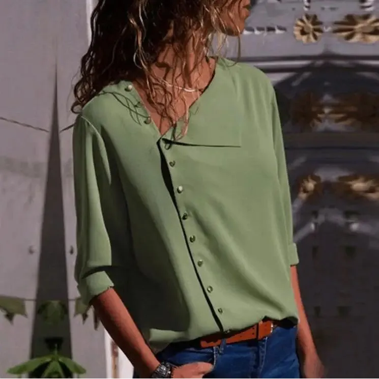 Camicetta casual in chiffon da donna autunnale Design con bottoni obliqui Faionable And Sli Ladies'irt Altro materiale 00%