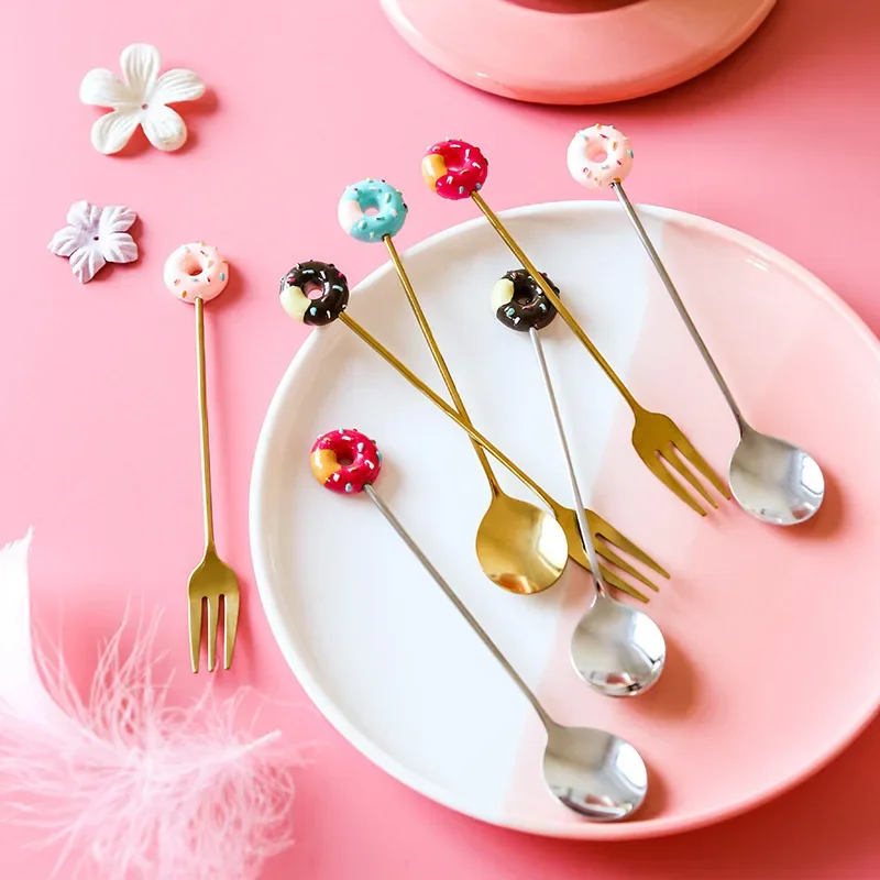 304 stainless steel spoon cartoon donut dessert spoon fork fruit fork mini creative ins household tableware dinnerware set