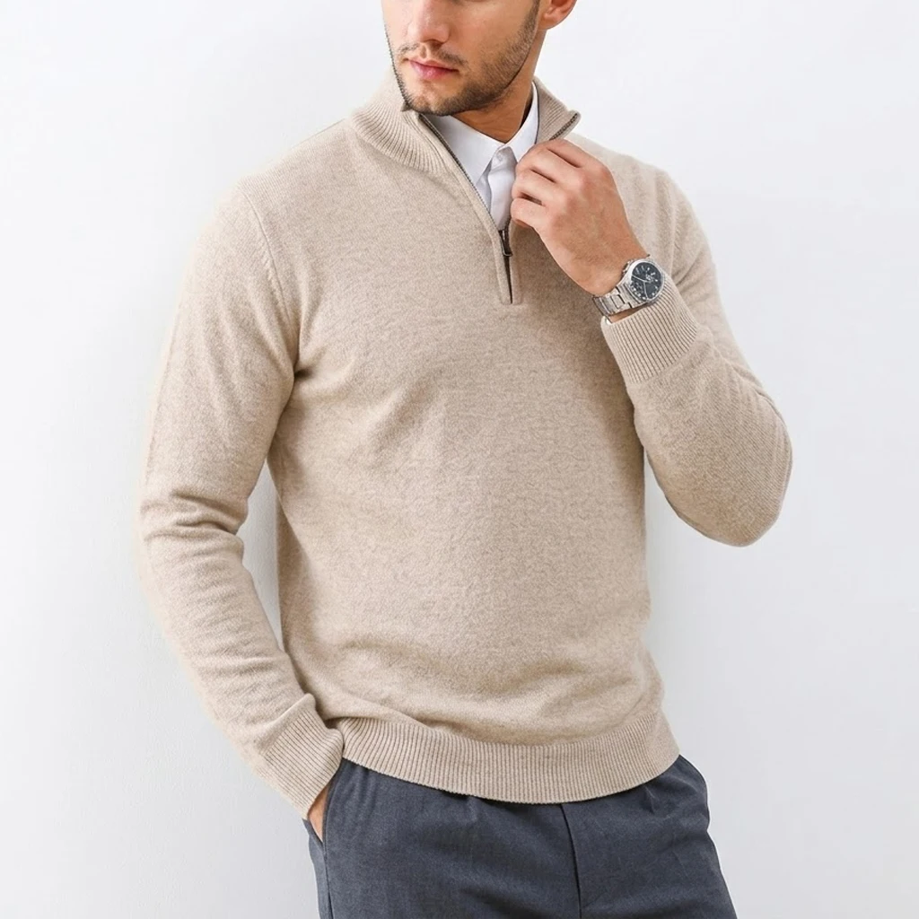 Autumn Men's Zip Polo Sweater Solid Color Athletic Knit Pullover Casual Cardigan Long Sleeve Stand Collar Sport Winter Sweatcoat