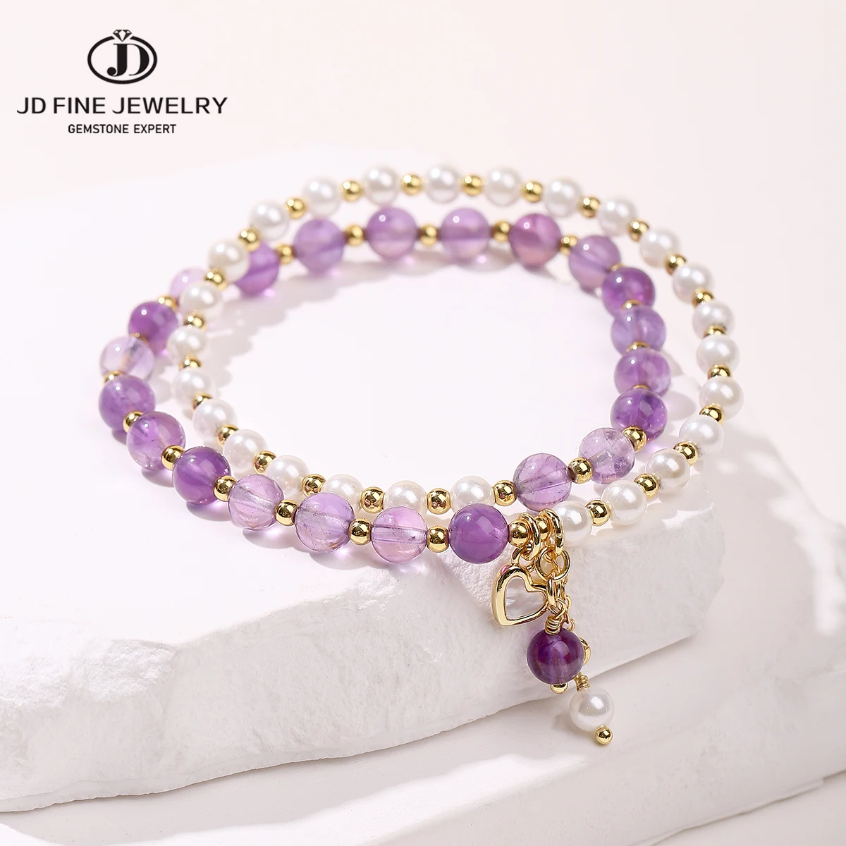 

JD 6mm Natural Amethyst White Shell Design Bracelets Women Exquisite Crystal Bead Charm Handmade Strand Bangles Couples Jewelry