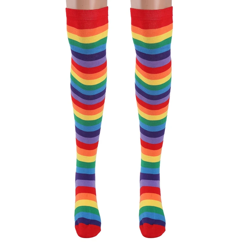 Colorful Rainbow Striped Socks Over The Knee Clown Striped Costume High Stockings For Halloween Cosplay Circus Parties