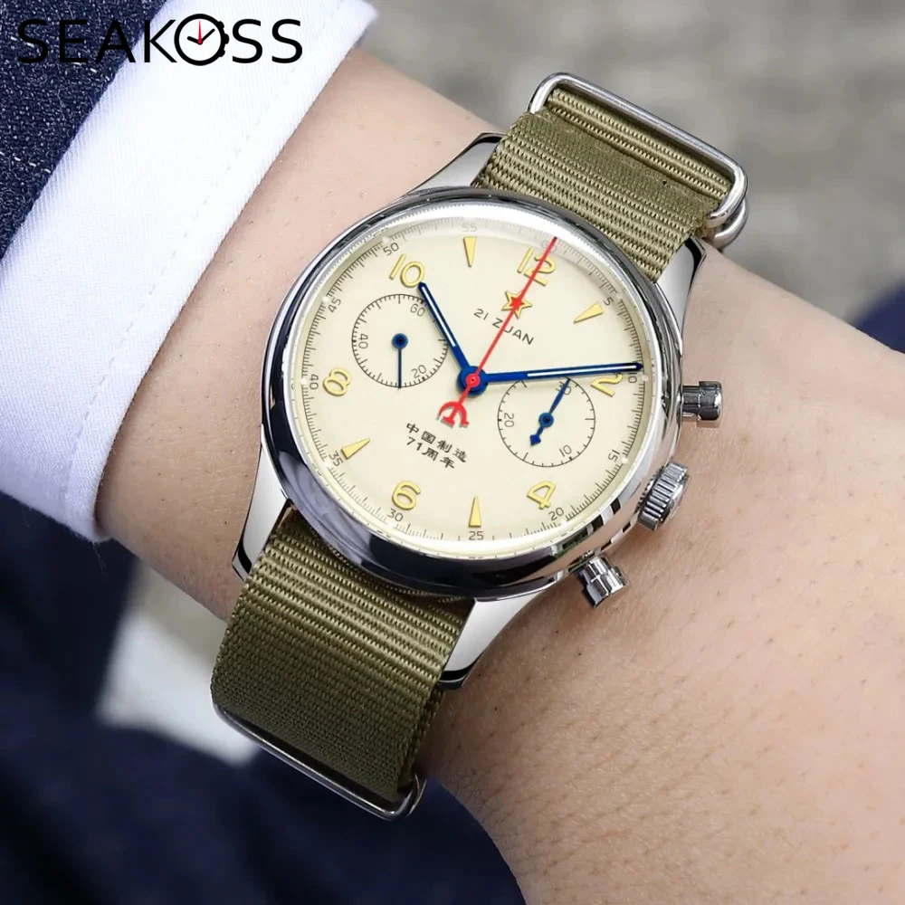 

SEAKOSS 1963 хронограф светящиеся мужские механические наручные часы с механизмом Seagull ST190 40 мм 71-я годовщина наручные часы