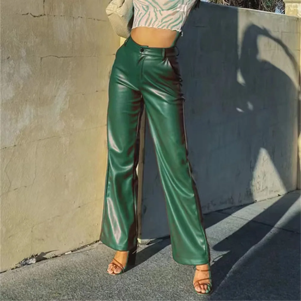 Imagem -06 - Elegante Calça Feminina de Couro pu de Cintura Alta Calça Reta Fina Roupa Feminina Streetwear Verde Moda