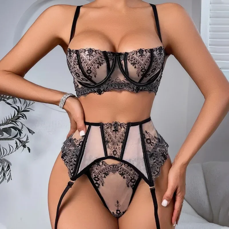 CHUANGERM-Conjuntos De Lingerie Sexy Para Mulheres, Bordado Floral, Cinto De Liga, Malha, Ver Através, Kit De Sutiã Oco, Roupa Interior Erótica