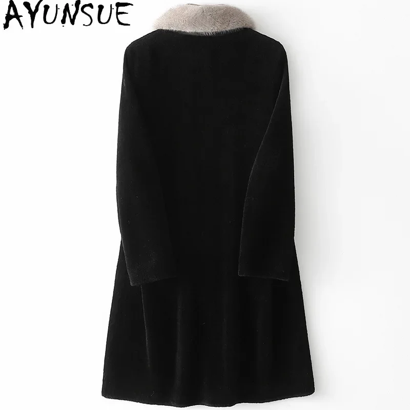 AYUNSUE Winter Mink Fur Collar 100% Sheep Shearling Coat Female 2021 Elegant Real Wool Jackets Women Clothes Casaco Feminino