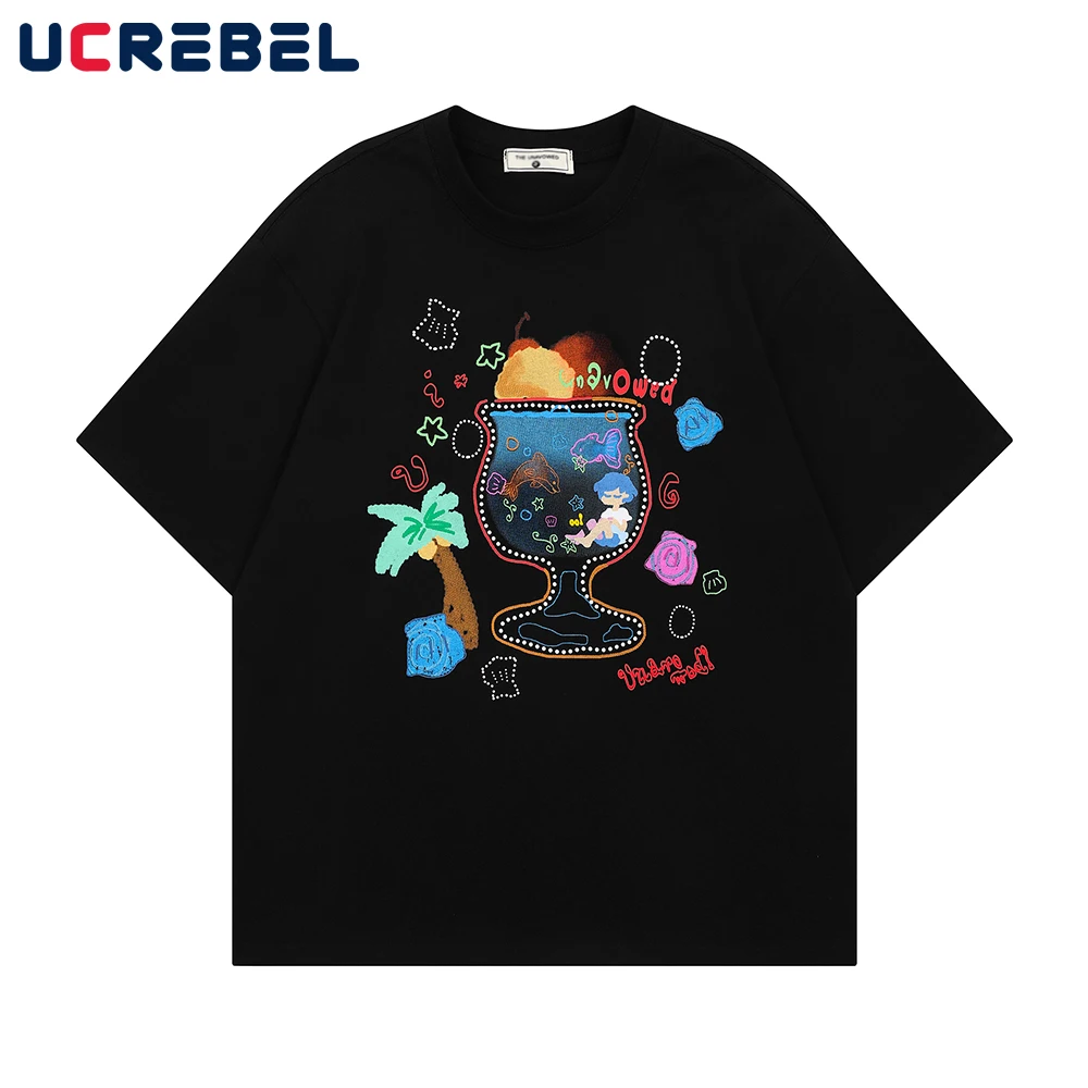 

Cartoon Graffiti Print Short Sleeve T-shirt Mens Hip Hop Streetwear Summer Loose Crew Neck Half-Sleeve Cotton Tee Men