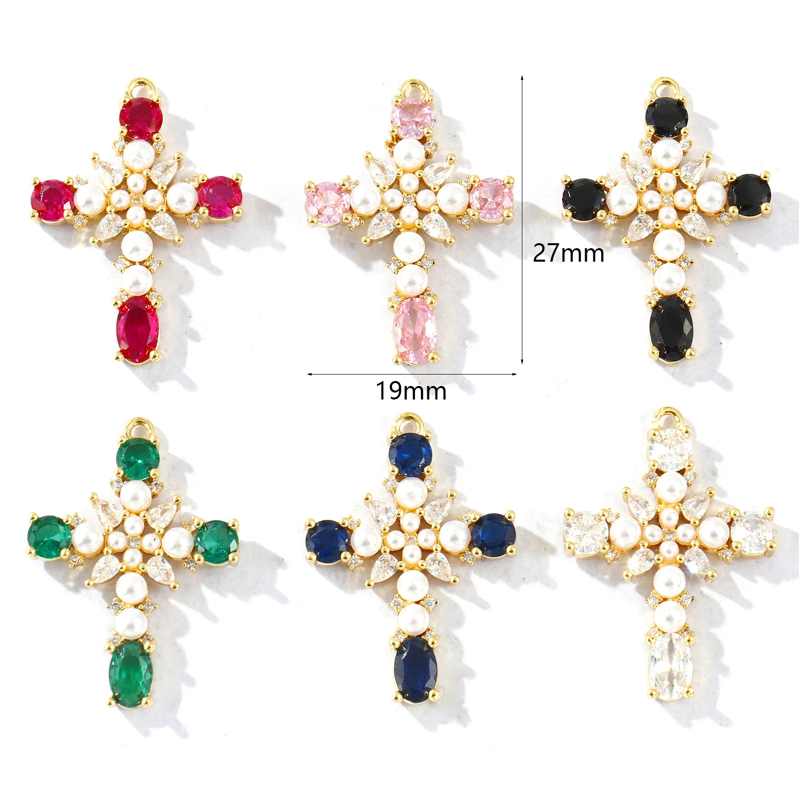 1pc Religious Brass Charms 18K Gold Plated Cross Acrylic Imitation Pearl Multicolor Rhinestone Pendant For DIY Necklace Jewelry