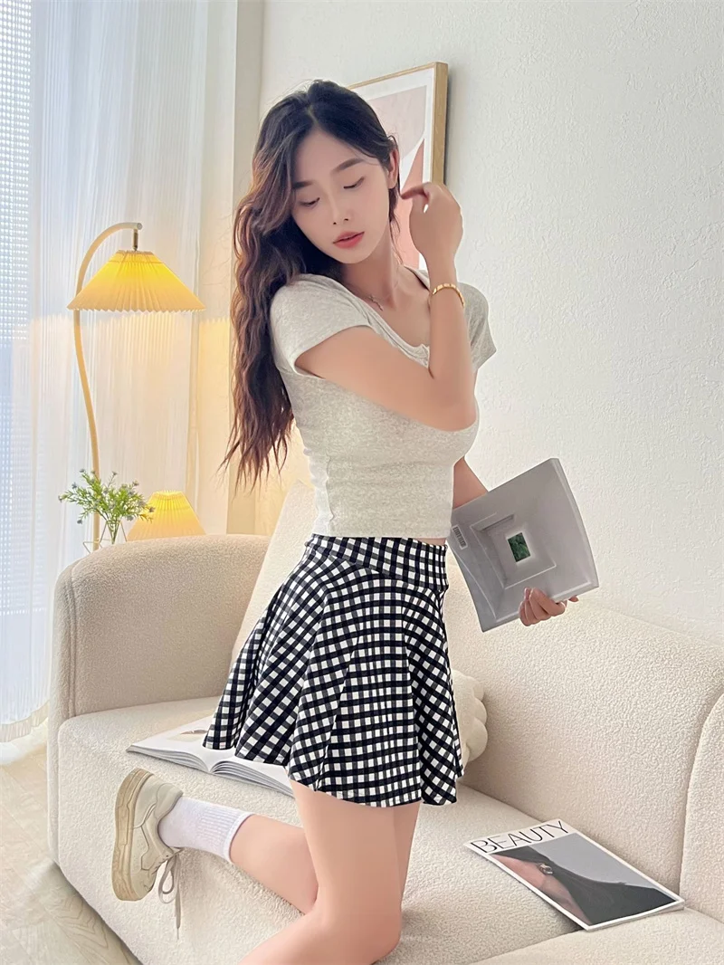 Fashion Women's Basic Skirt Summer Mini Elastic Pleated Skirt Lined Shorts Printing Plaid Korea Girl Uniform Safety Pants Skirt