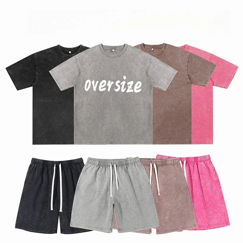 Summer Tie Dye Shorts Make Old Washed Men 2piece Set Retro Loose Cotton Short-sleeved Elastic Waist Straight Shorts Unisex Set