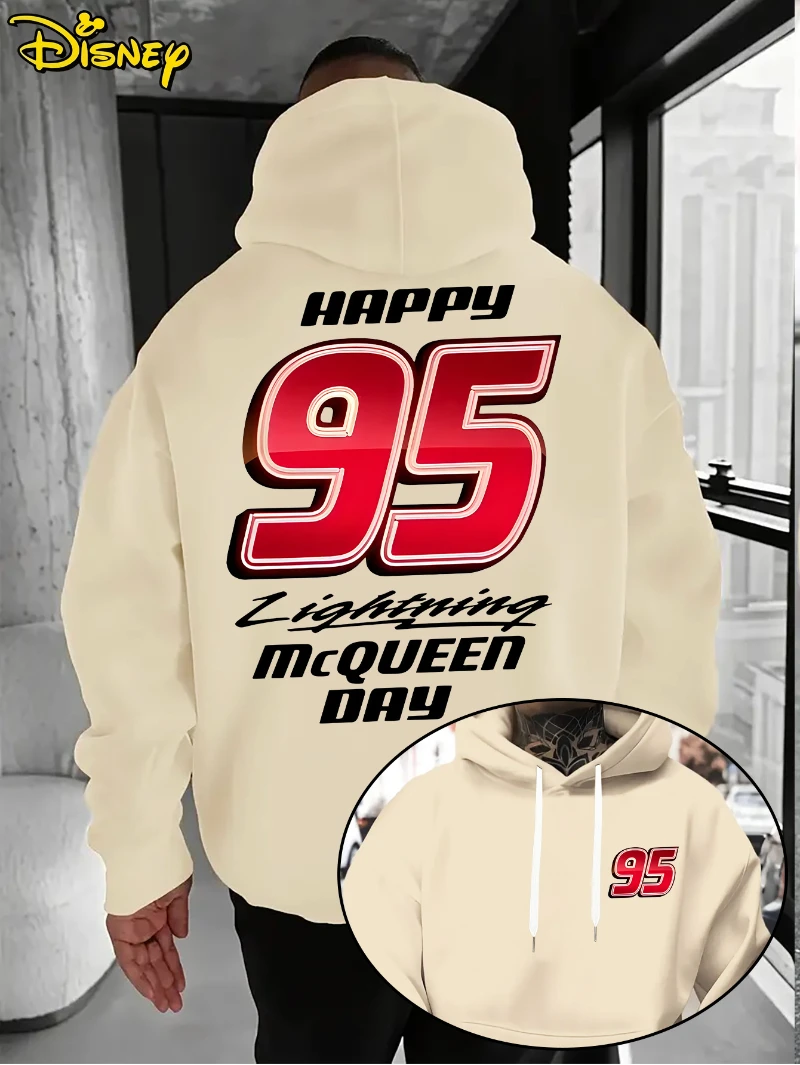 سترة ديزني - سترة بقلنسوة للرجال بنمط الرسوم المتحركة الحمراء 95 للخريف/الشتاء، سترة بقلنسوة فضفاضة بجيب أمامي، مناسبة لملابس غير رسمية