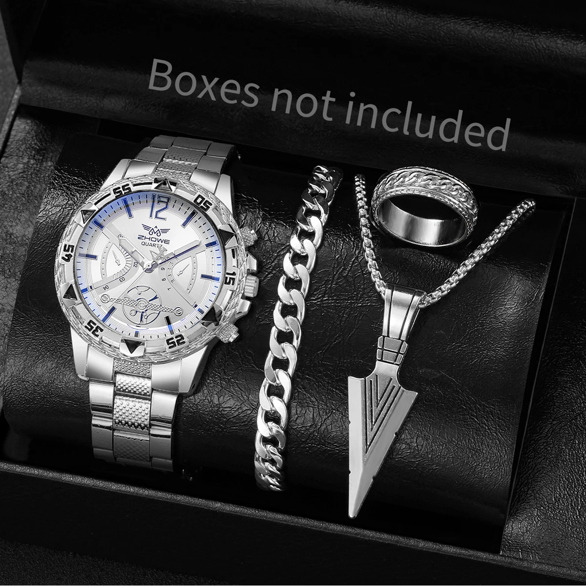4 ピース/セット高級メンズクォーツ時計ファッションラージダイヤルメンズビジネス腕時計ジュエリーセットリロイ Hombre (箱なし)