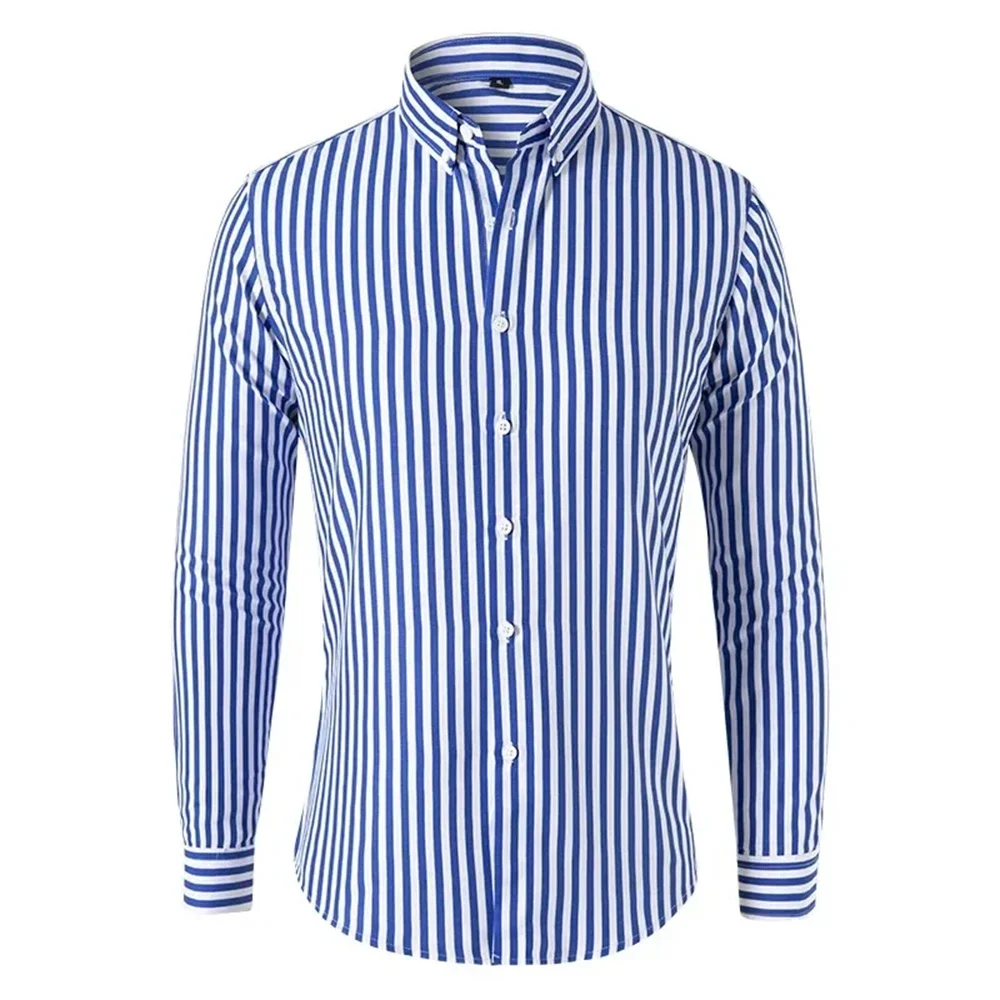 New mens Stripe Shirt Long Sleeve Printing Breathable T Shirts Lapel Basic Shirts for Men Lightweight Hawaiian Shirt Streetwear