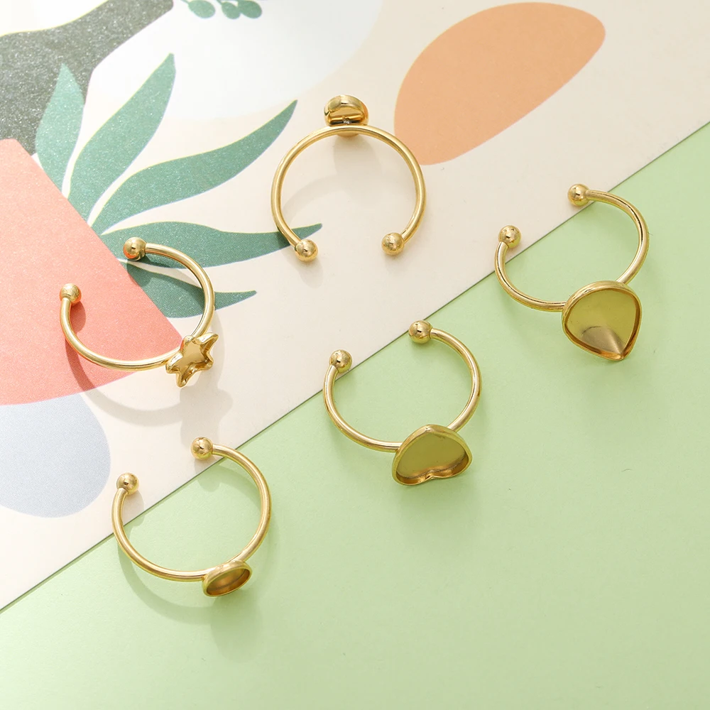 5pcs Gold Color Stainless Steel Open Ring Cabochon Cameo Blank Tray Base Settings for DIY Rings Jewelry Making Findings Supplies