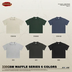 ZODF 2024 Spring Summer 330gsm Waffle T Shirts For Men Unisex Heavy Weight Oversized Pocket Turn Down Collar T-Shirt TEE HY0754