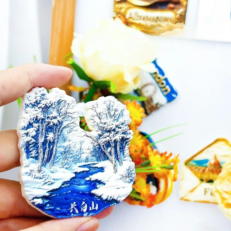 Changbai Mountain Winter Fridge Magnet - Stunning 3D Snowy Landscape Unique Jilin Travel Gift & Chinese Winter Scene Decor