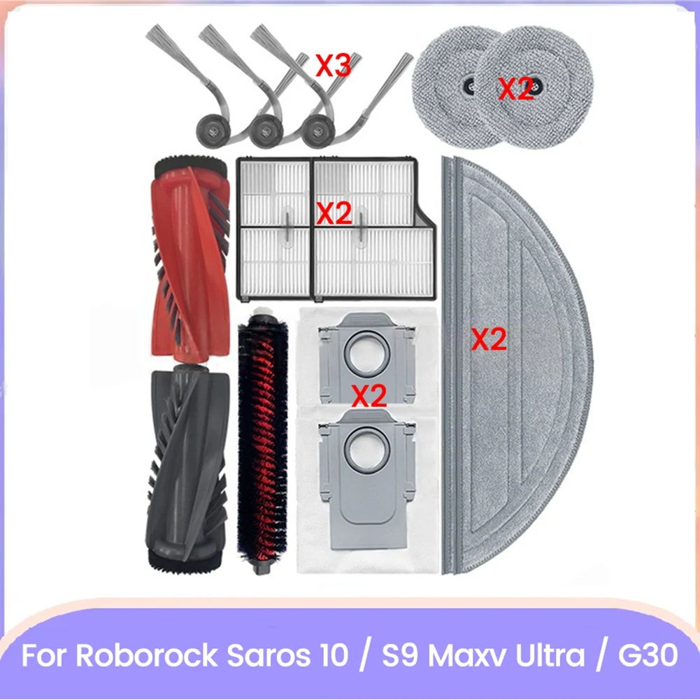 ABVI-14Pcs Replacement Kit For Roborock Saros 10 / S9 Maxv Ultra / G30 Vacuum - Main Side Brush, Hepa Filter, Mop Pad, Dust Bag