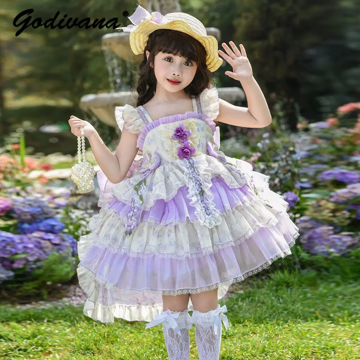 

Sweet Baby Girl Purple Heavy Mesh Lolita Princess Dress Kids Summer New Feifei Sleeve Lace Trim 3D Floral Bow Train Ball Gown