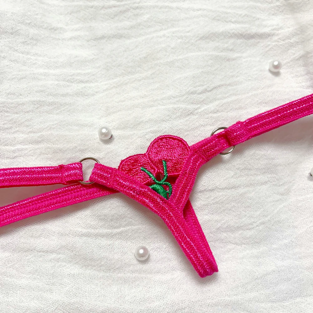 Extra Mini Female Tback Crotchless Sexy Thong Hot Pink Cherries G-String Shorts Crotch Depth Sexy Erotic Women Underpants