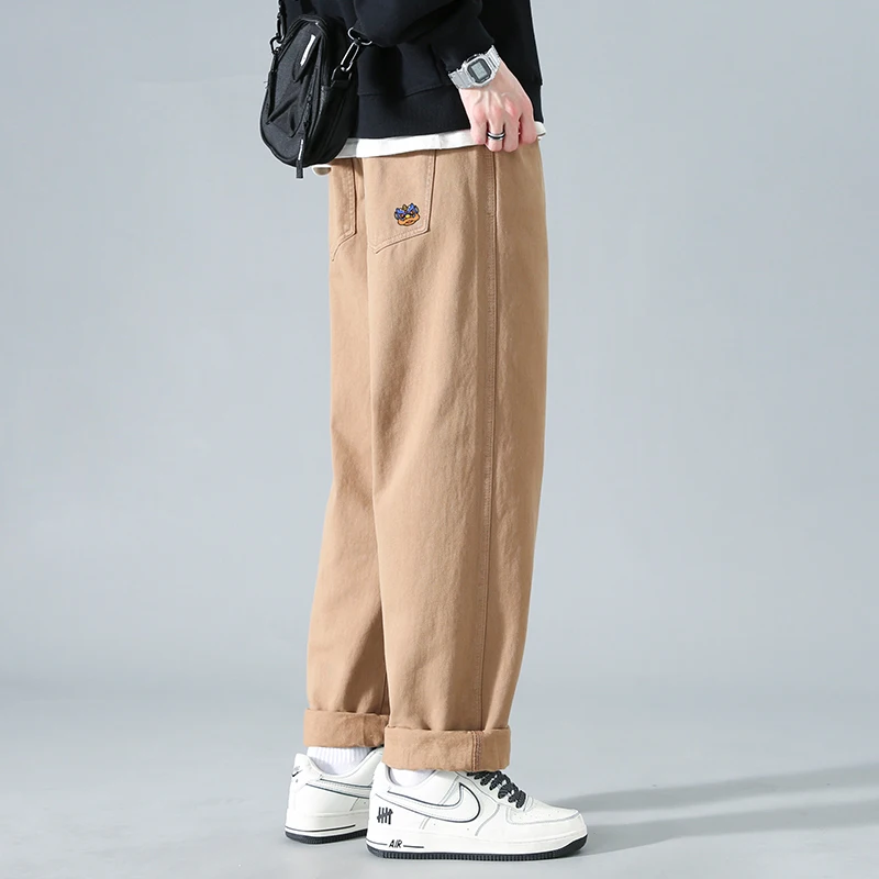 الرجال القطن الخالص مستقيم الساق عارضة السراويل الربيع Faionable عمال فضفاض واسعة الساق السراويل الرجعية اليابانية العصرية وسيم #3