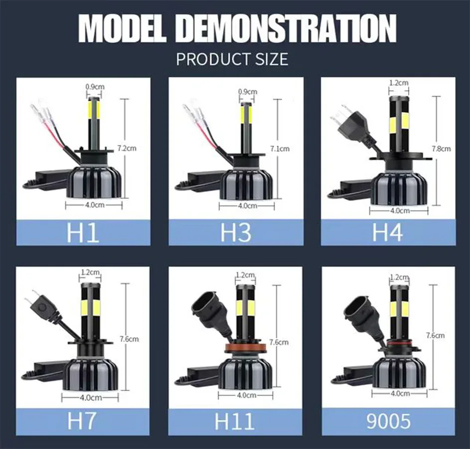TCYATO 4-Sided LED Car Headlights 150W 15000LM 6500K White H4 Headlights 9005/9006/9012/H1/H3/H4/H7/H11