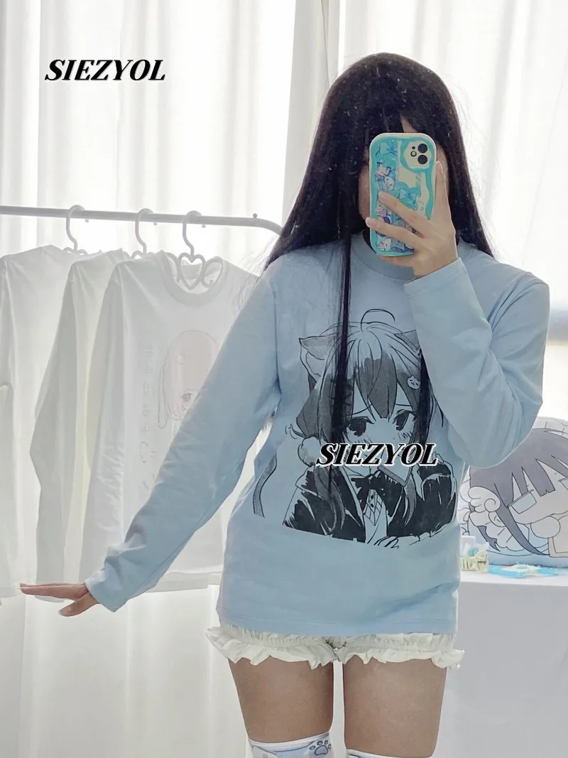 Cute Cartoon Character Printed Long-sleeved T-shirt New Sweet and Versatile Blue Crew Neck Tops for Spring and Autumn