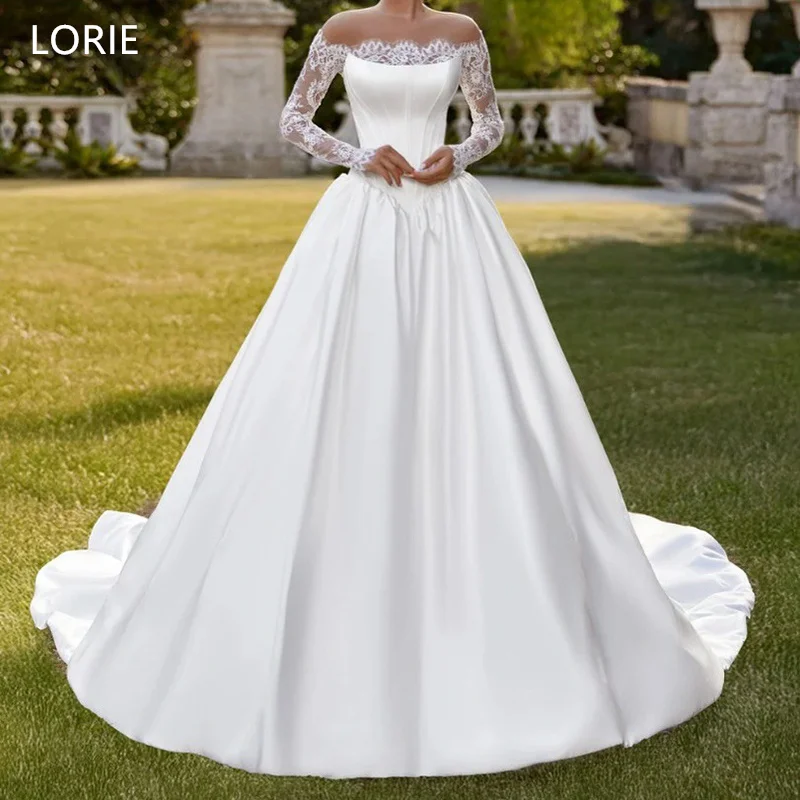 

LORIE Elegant Satin Wedding Dresses Strapless Lace Full Sleeves A-Line Bride Prom Gown Floor-Length Bridal Gowns Customized