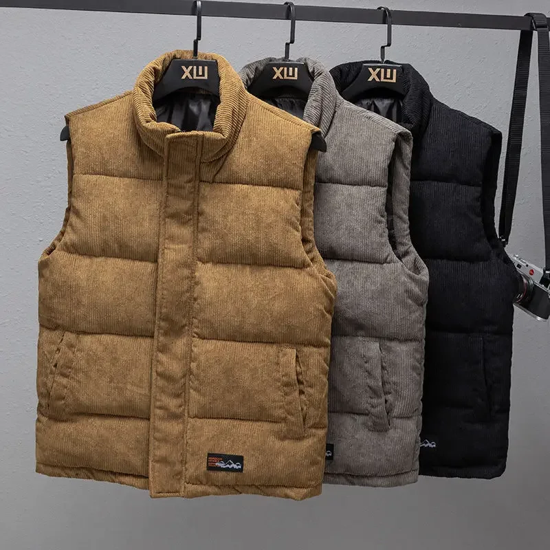 Man Corduroy Stand Collar Warm Vest Cargo Thick Zipper Comfort Sleeveless Vest Solid Color Flocking Waistcoats Clothing 5XL