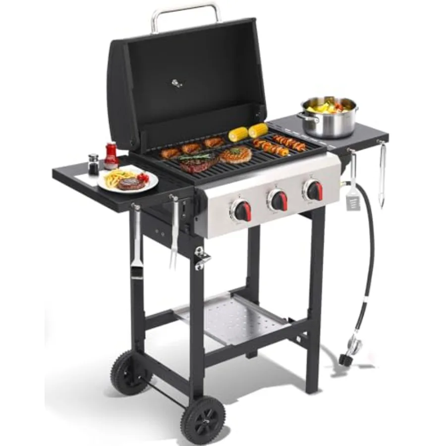 

3-Burner Propane Gas Grill with Folding Side Tables and Stainless Steel Griddle Pan Cast Iron Grates Portable Outdoor BBQ Grill