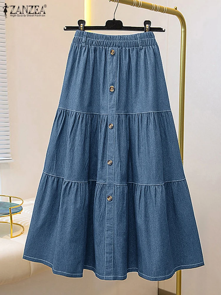 แฟชั่นผู้หญิงDenimกระโปรงสีฟ้าJupes ZANZEAสไตล์จีบSundress 2024 ฤดูใบไม้ร่วงElegant Casual PartyทํางานMidiกระโปรง