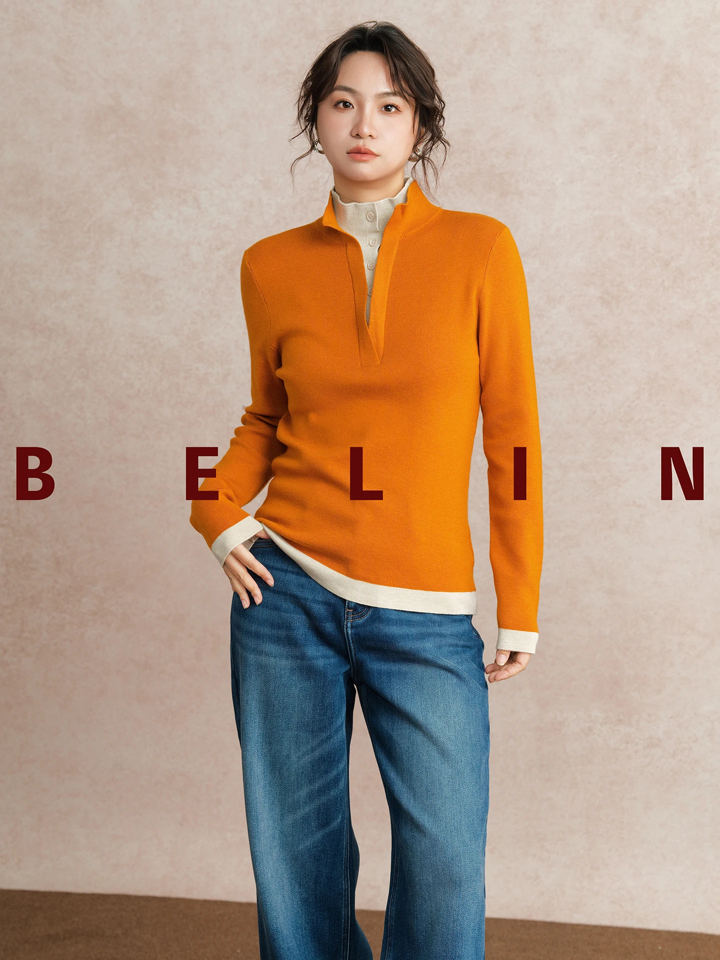 

BENLIN Premium Orange Knitted Sweater Women's Overhead Stand Collar Slim Fit Base irt Top Fake Two-Piece Casual Sle Long ...