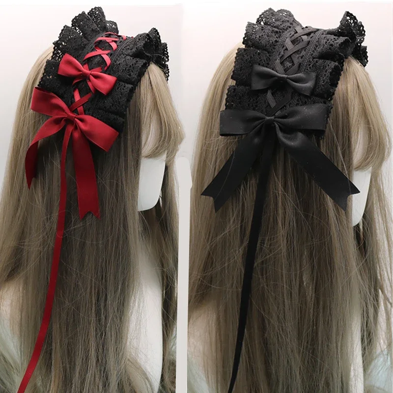 

2022 Gothic Bowknot Sweet Hair Hoop Anime Maid Cosplay Headband Lolita Lace Flower Headwear Accessory Dropshipping