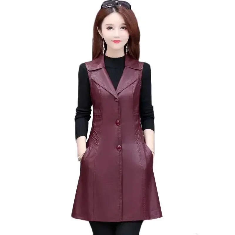 

Leather Vests Women Slim Fit long Casual Vest Female 2024 New Fashion Sleeveless black Jacket Women Coat D119