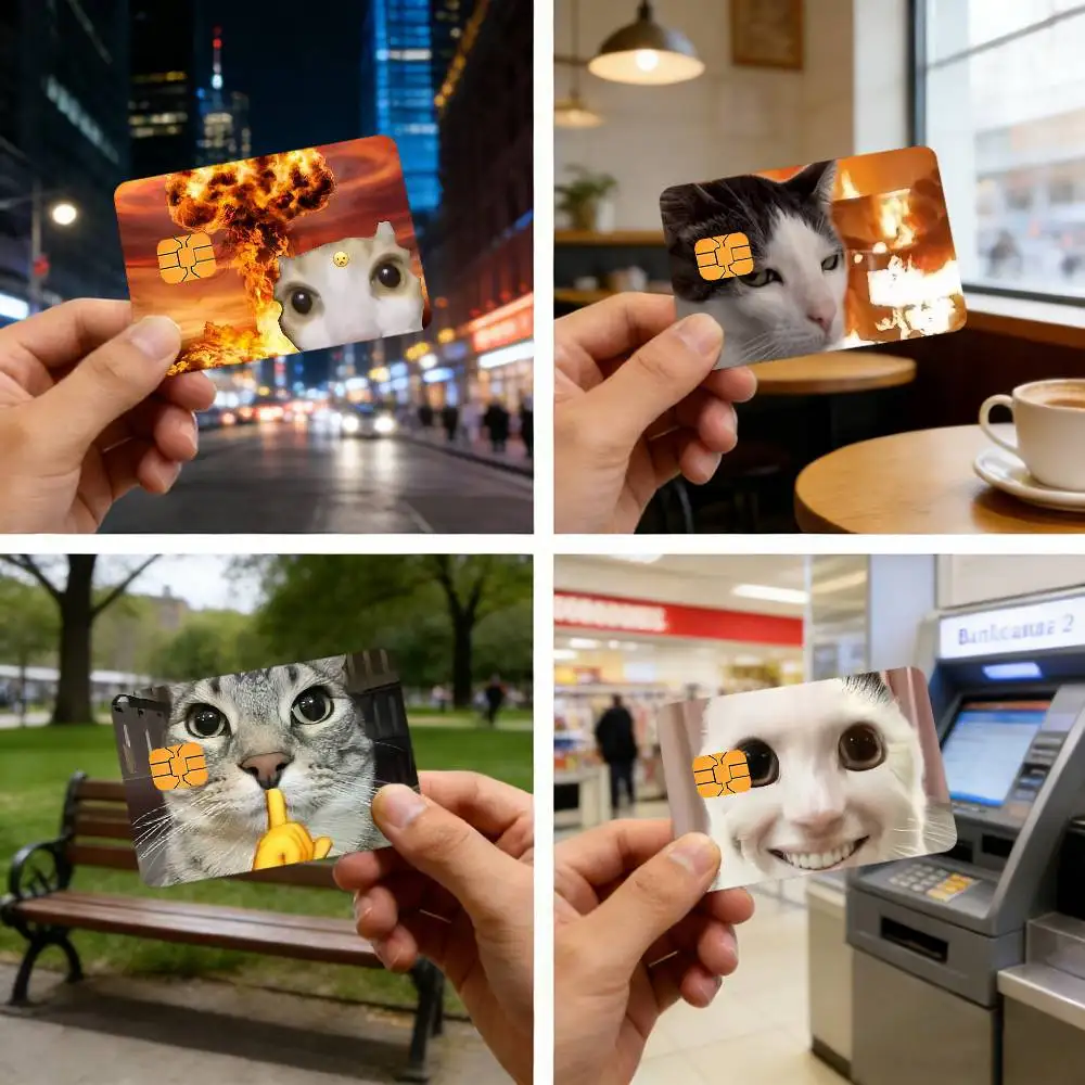 Arte de memes de gatos, pegatinas divertidas para tarjetas de crédito, tarjetas bancarias, tarjetas de transporte público, película protectora impermeable y resistente a los arañazos