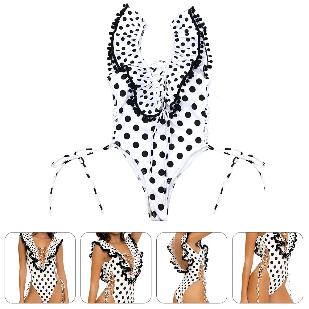 

Черный купальник в горошек для женщин с завязками на шее, рюшами и открытой спиной, удобный, эластичный, из полиэстера, для бассейна и пляжа