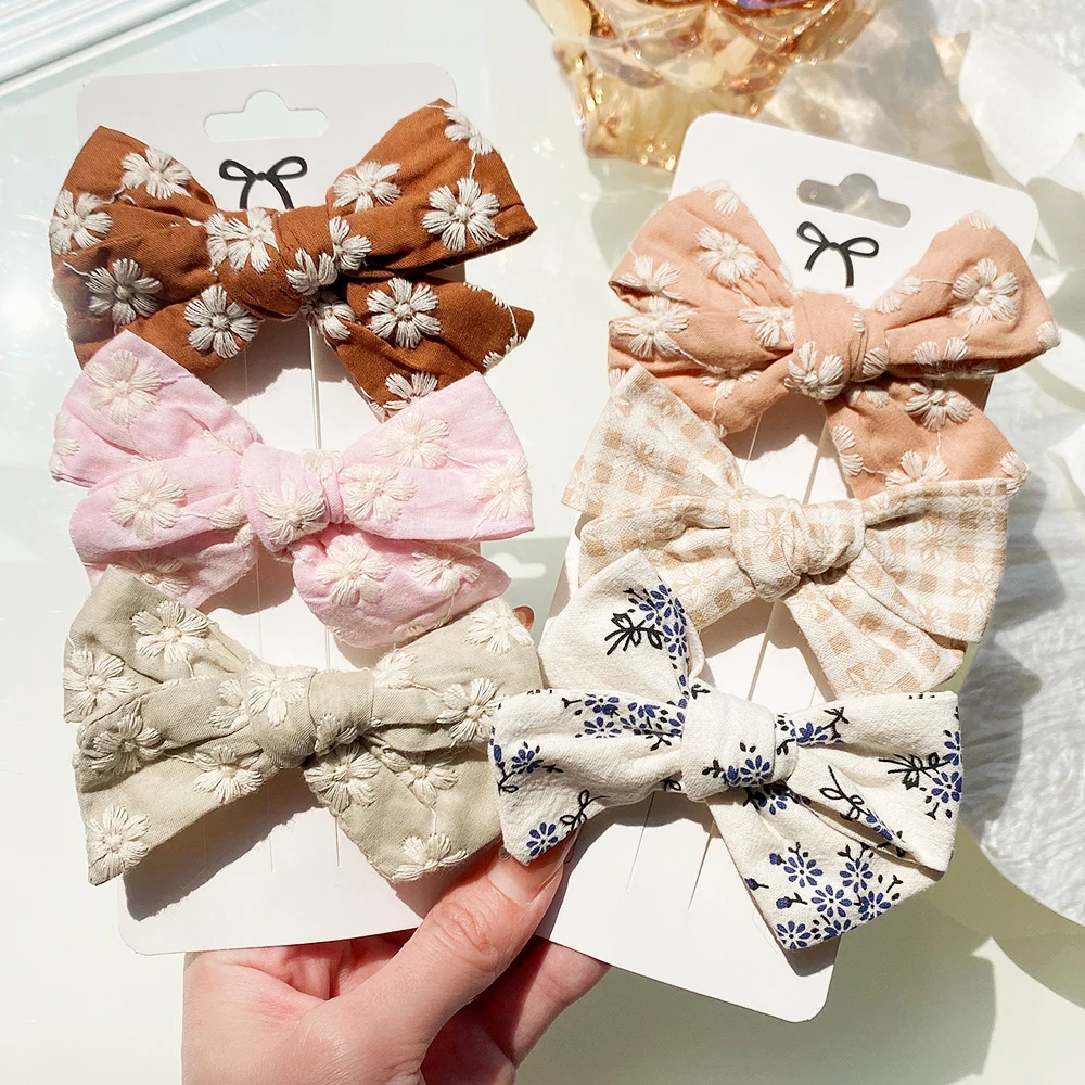 2Pcs/Set Baby Girls Sweet Flower Print Bowknot Hair Clips Cotton Bows Hairpins Barrettes Headwear Kids Hair Accessories Gifts