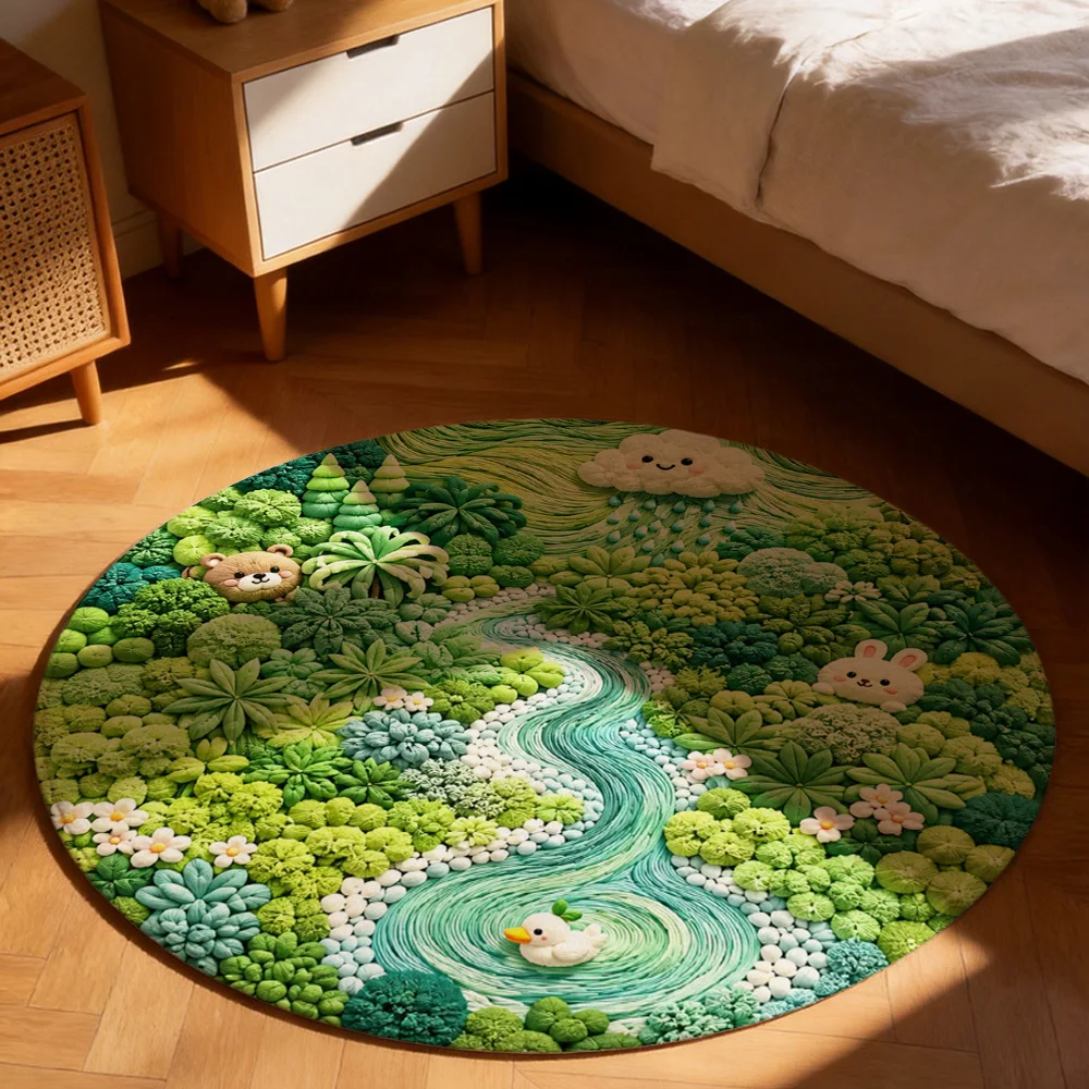 Cute Woodland Stream Life Kids Play Rug Soft Green Forest Scene Nursery Floor Mat for Toddlers